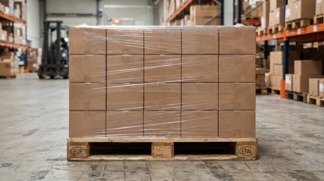 Shrink wrapped pallet with cardboard boxes in warehouse