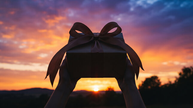Hands holding a wrapped gift box against a vibrant sunset sky
