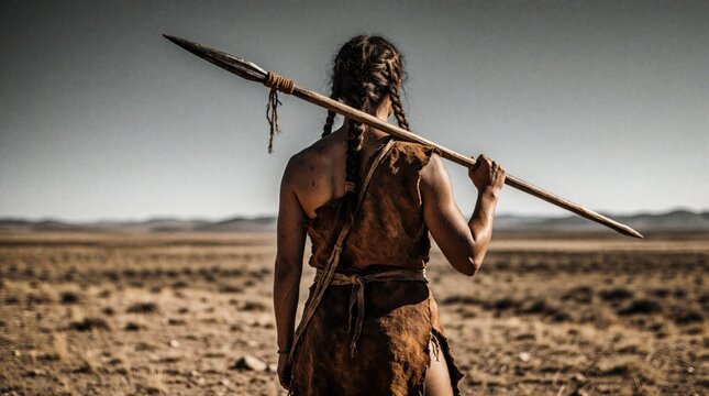 Prehistoric woman with spear on hunt. Indigenous female hunter in animal skin dress walks across arid landscape. Back view, primitive lifestyle, ancient survival, wilderness exploration, human