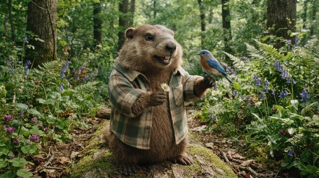 Groundhog wearing a plaid shirt holding a flower with a bluebird in a forest
