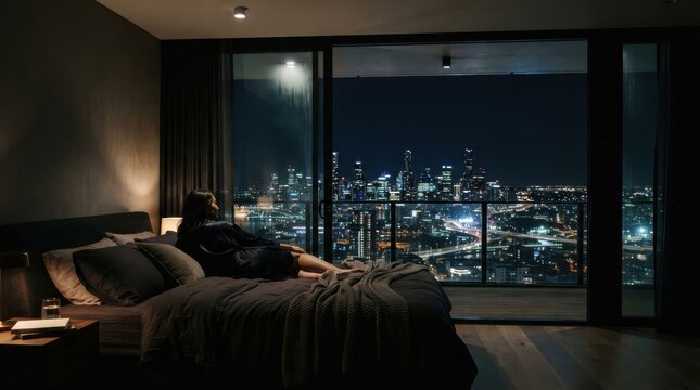 Woman lying on bed in luxury apartment overlooking city skyline at night