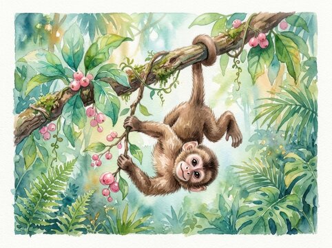 Monkey hanging upside down from a tropical jungle vine loaded with pink berries and lush green foliage.