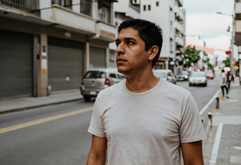 Fototapeta premium Urban exploration and city life, pensive man walking on a street sidewalk with buildings and cars in the background