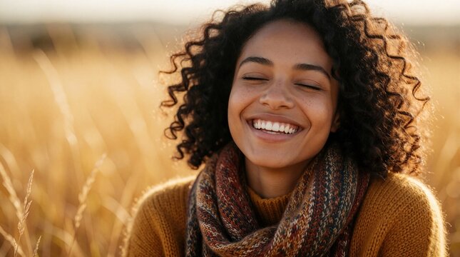 Happy young black woman smiles with closed eyes in golden field. Curly hair woman wears warm scarf, yellow sweater. Peaceful lady feels joy, serenity during autumn sunset in nature. Beautiful person