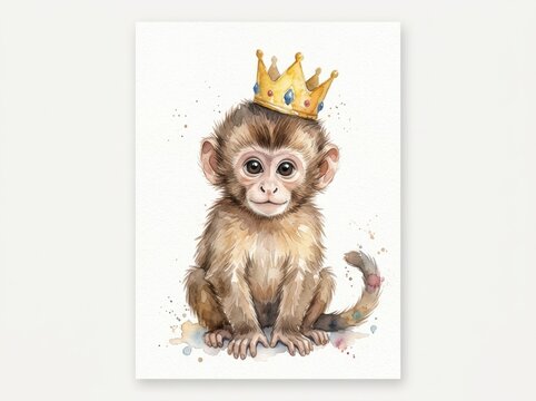 Monkey wearing a golden crown sits upright against a plain white background in a children watercolor illustration.
