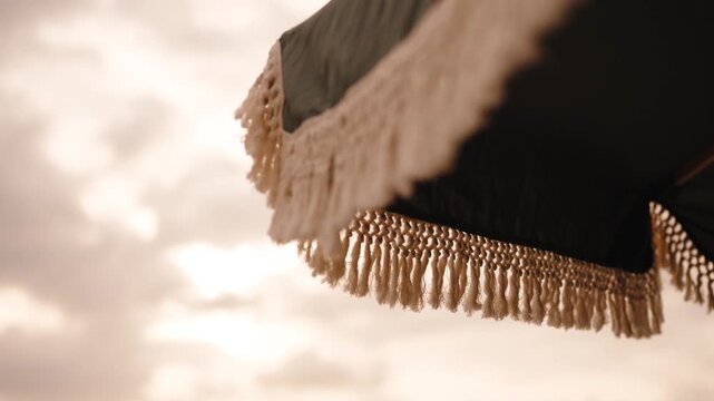 Tasselled fringe trim on a dark fabric edge glows against a bright pale sky