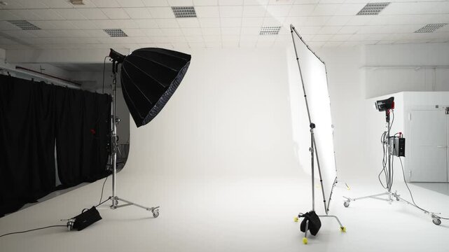 Photography Studio with White Cyclorama Large Softbox Diffusion Panel and Strobe on Stands