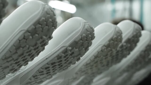 White Sneaker Outsoles with Studded Tread Pattern Lined Up in Extreme Close Up