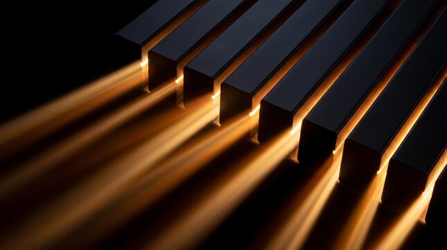 Golden 3D slabs rendered beneath streaming rays
