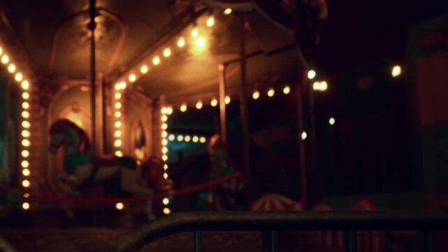 A carousal spins in an amusement park at night. Colorful lights glow around the ride. People can be seen enjoying themselves and children laugh as they ride the horses.