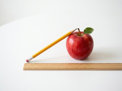 Red apple and yellow pencil positioned on ruler against white background