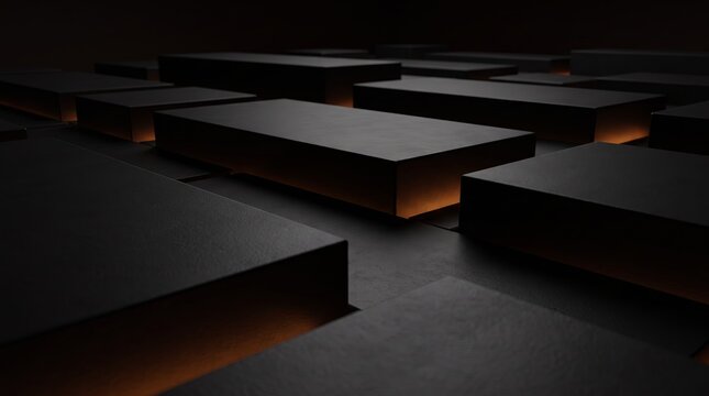 Staggered 3D blocks glowing beneath amber light
