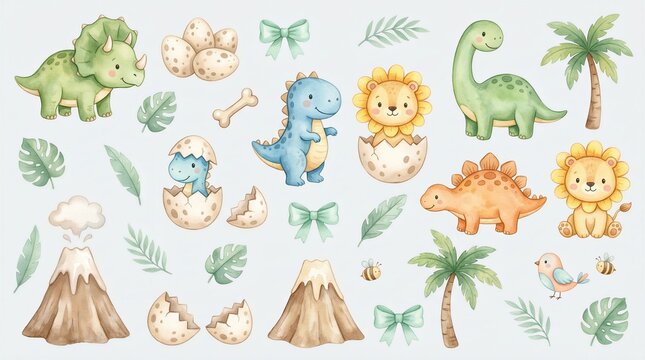 This set of watercolor clipart includes adorable dinosaurs, volcanoes, palm trees, and jungle elements perfect for baby shower invitations or nursery wall art.