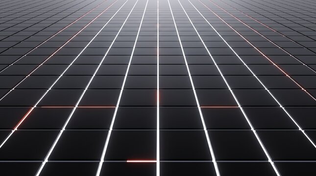 Reflective 3D plates converge toward a glowing horizon