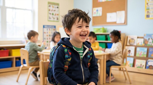 Happy young boy laughs joyfully while sitting in a brightly lit preschool classroom surrounded by his diverse classmates.