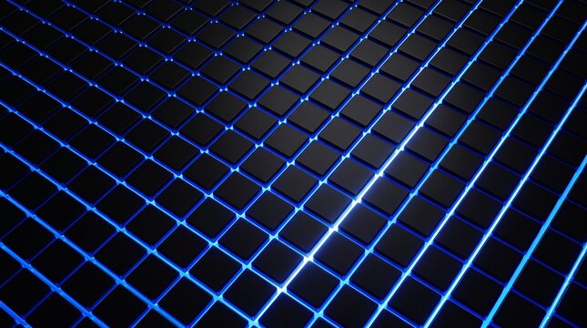 Blue 3D panels rendered in a glowing grid