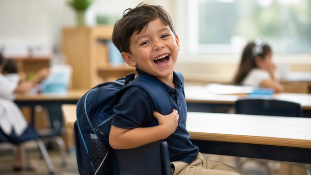 Happy young boy with a blue backpack sits at his desk and laughs joyfully in an elementary school classroom during the school day.
