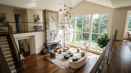 Naklejka premium Luxury living room interior with double height ceiling and large windows