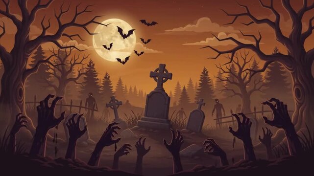 Spooky Halloween Graveyard with Zombie Hands Rising Under Full Moon