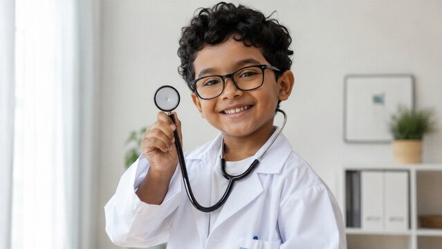 Happy young boy wearing glasses and a white lab coat holds a stethoscope while smiling at the camera in a bright room.
