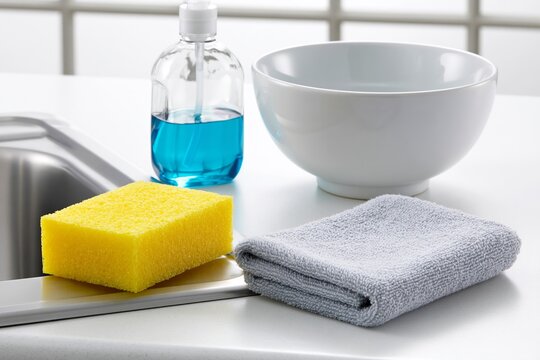 Kitchen cleaning essentials: sponge, dish soap, bowl, cloth on counter