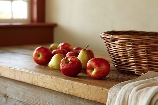 Rustic kitchen scene with apples and pears on wooden table