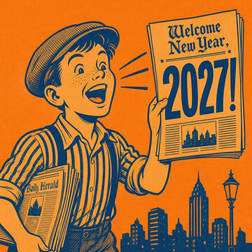Newsboy shouting, holding newspapers with welcome new year, 2027! in a vintage city