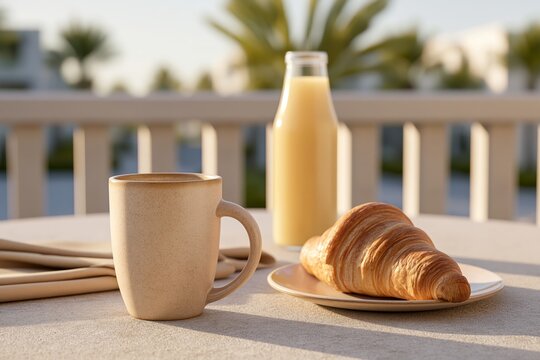 Morning breakfast with coffee mug, croissant, and orange juice on outdoor table