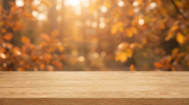 Rustic wooden table with blurred autumn leaves in warm golden sunlight