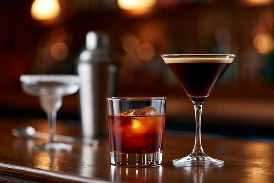 Elegant cocktail display with espresso martini and classic drinks on bar counter