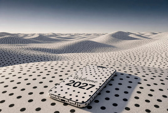 Smartphone displaying welcome 2027 on its screen, surrounded by polka dot dunes desrt