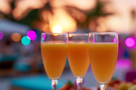 Tropical sunset with fresh juice in glasses at beach party