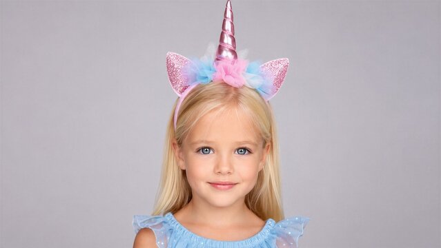 Cute young blonde girl wears a magical pink unicorn headband with glittery ears and a blue tulle dress while smiling.