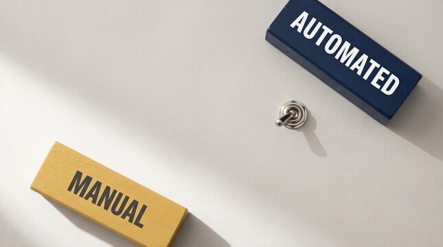 This conceptual image shows wooden blocks labeled manual and automated to represent the transition from traditional methods to digital automation.