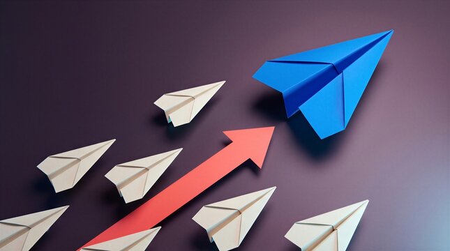 Blue paper airplane leads a group of white paper airplanes along a red upward arrow on a dark purple background symbolizing leadership and innovation.