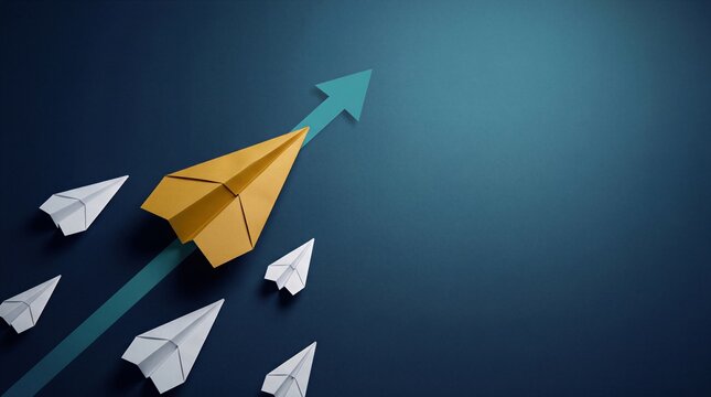 Golden paper airplane leads a group of white paper airplanes along a teal upward arrow on a dark blue background.