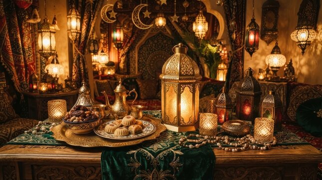 Ramadan Kareem celebration setting with golden lanterns, sweets and dates