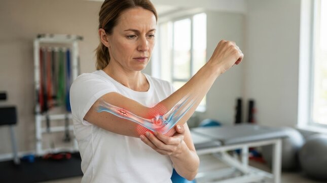 Woman touching her painful elbow in physiotherapy clinic