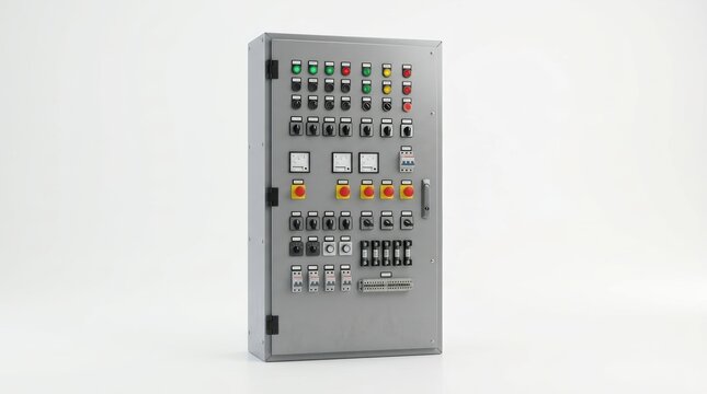 Industrial control panel with switches and indicators on white background
