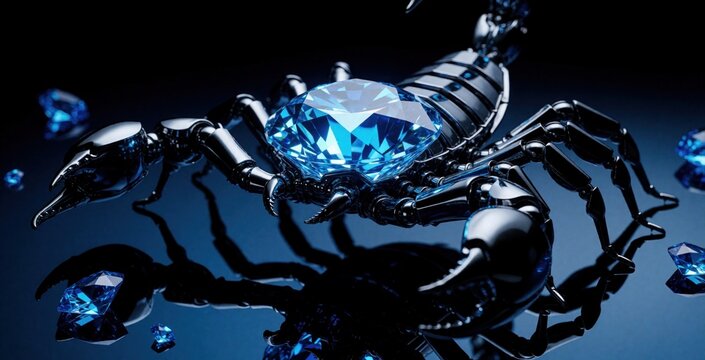 Black robotic scorpion with bright blue diamond crystal on back. Sci-fi insect creature glows in dark space. Cybernetic predator with gemstone body sits on reflective black surface. Futuristic