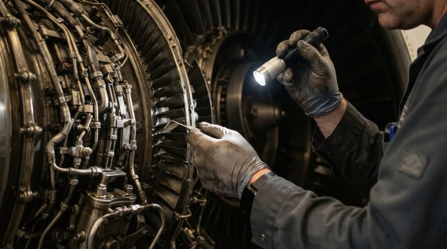 Mechanic inspecting aircraft jet engine with flashlight