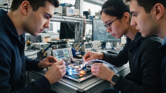 Engineering students collaborating on circuit board assembly in laboratory
