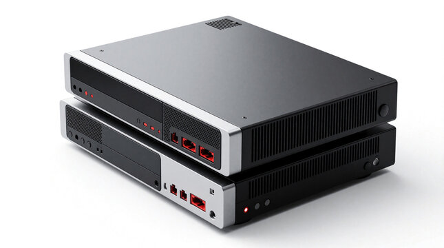 Two sleek computer servers are stacked together in a clean, modern studio setting. These devices represent advanced data storage and network solutions for businesses.