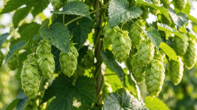Green hop cones growing on vine in sunny farm field