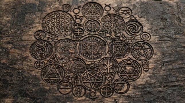 Esoteric and occult symbols carved on a dark wooden surface