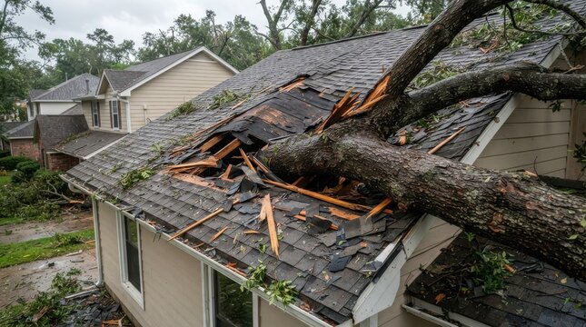 Large tree fallen on roof causing severe storm damage to residential house