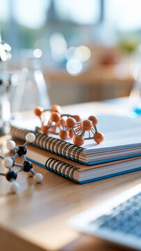 scientific grant proposal booklet resting on bright light wood desk beside a dna helix model and molecular structure diagram clean minimal composition soft natural light bright grant