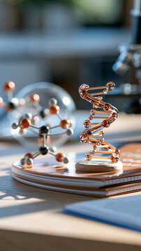 scientific grant proposal booklet resting on bright light wood desk beside a dna helix model and molecular structure diagram clean minimal composition soft natural light bright grant