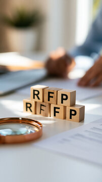 wooden blocks spelling rfp arranged on bright desk beside a magnifying glass clean minimal still life composition soft natural light bright rfp request for proposal wooden blocks