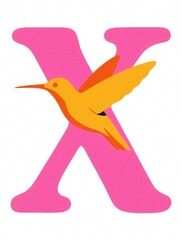 Naklejka premium Bright letter X with a yellow hummingbird in flight, pink background. Simple, cheerful graphic design. Alphabet illustration for kids learning.